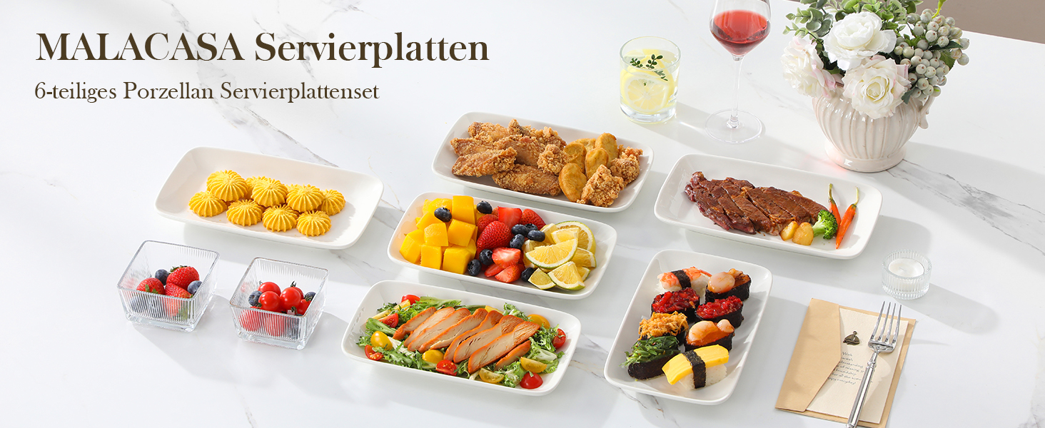 Сервірна таця MALACASA з порцеляни, 6-ти частинний набір, прямокутна, 25 x 14 см, біла. Ідеально для буфетів, суші, тортів та закусок вдома та в ресторані.