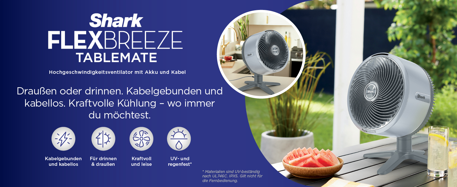 Вентилятор Shark FlexBreeze TableMate FA150EU: акумуляторний, для дому та вулиці, до 24 годин роботи, швидке охолодження, радіус дії 20 м, тихий, 5 швидкостей, осциляція, з пультом керування
