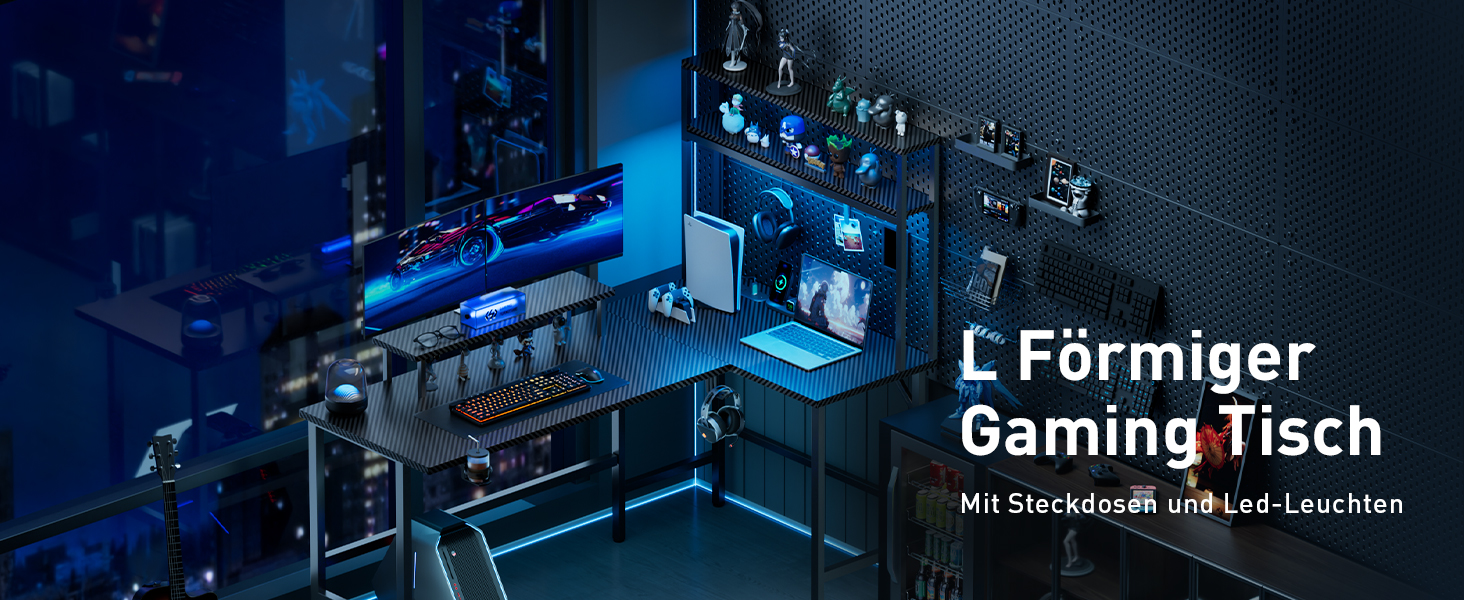 Ігровий стіл кутовий 150x100 см з 3 розетками та 2 USB, зворотний, з LED підсвічуванням, з ящиками та підставкою для монітора. Стіл для геймінгу, офісу, дому. (150 x 100 см, карбон)