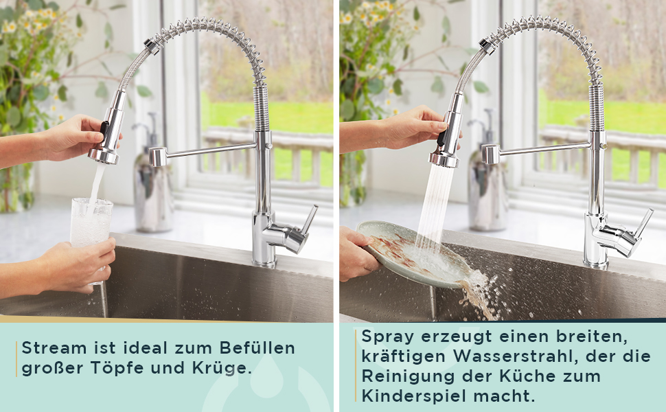 Кран кухонний FORIOUS з високим вигином, висувною лійкою, 360° поворот, 2 режими, нержавіюча сталь (шліфована/полірована)