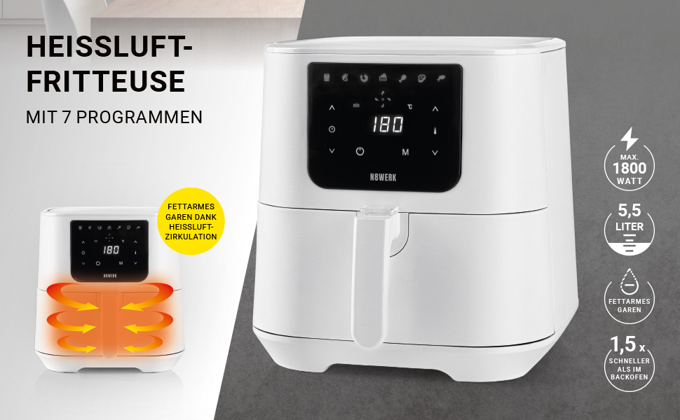 Фритюрниця-конвекційна піч Heißluftfritteuse Midnight Edition 5.5 л, білий колір, 1800 Вт, 7 програм, цифровий дисплей