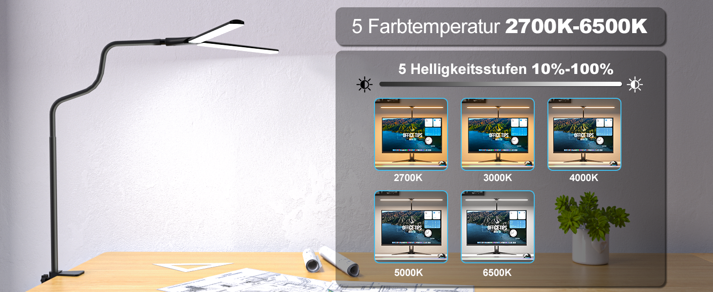 LED лампа настільна для офісу та дому, світло для монітора, 1400 люмен, регульована яскравість, кріплення на кліпсі, світильник для робочого місця, гнусий «лебединий шия», подвійний насадки, 5 режимів кольору та рівнів яскравості, білий колір (чорний, 64 см)