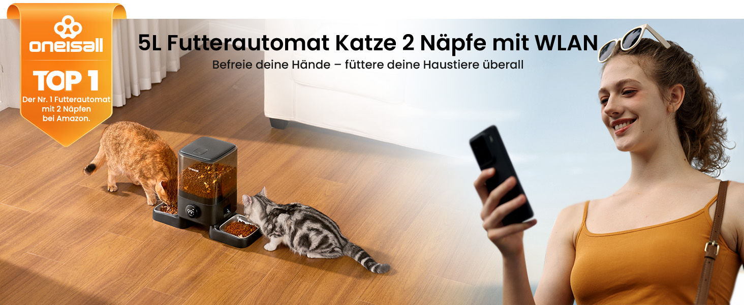 Автомат годівлі для котів та собак Oneisall 5L з 2 мисками, бездротовий, з нержавіючої сталі 304, програмування до 6 прийомів їжі на день, сухий корм, з Wi-Fi (APP)