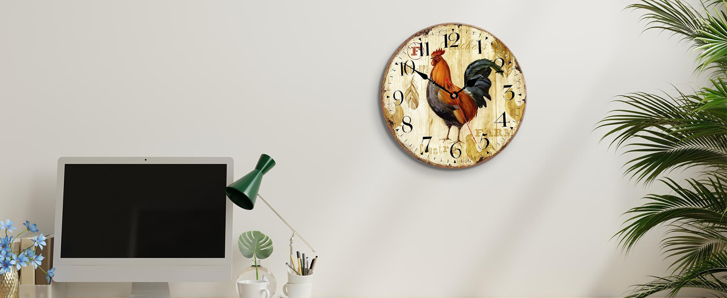 Стіна годинник VIKMARI Rustic Rooster 14 дюймів — безшумний кварцовий, на батарейці, для кухні, круглий, преміум-якість