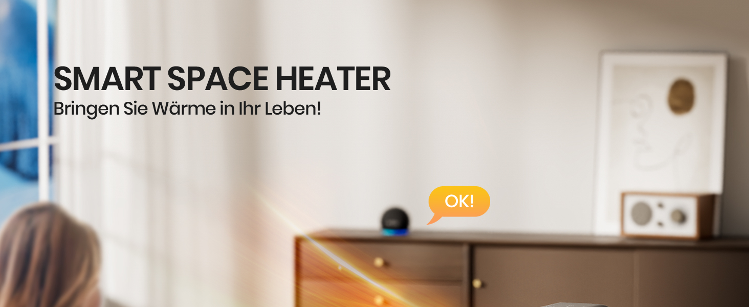 Електричний обігрівач 1500W, керамічний, тихий, з таймером 12 годин, осциляція 70°, захист від перегріву та перекидання, сумісний з Alexa & Google Assistant, чорний, 1 шт. + 4 режими