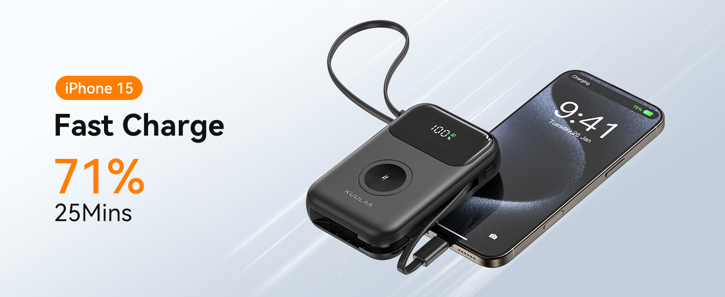 Power Bank Kuulaa для Apple Watch 10000mAh з LCD-дисплеєм та двома кабелями, 22.5W PD, сумісний з iPhone, iPad, Apple Watch 10/9/8/Ultra2/Ultra/SE