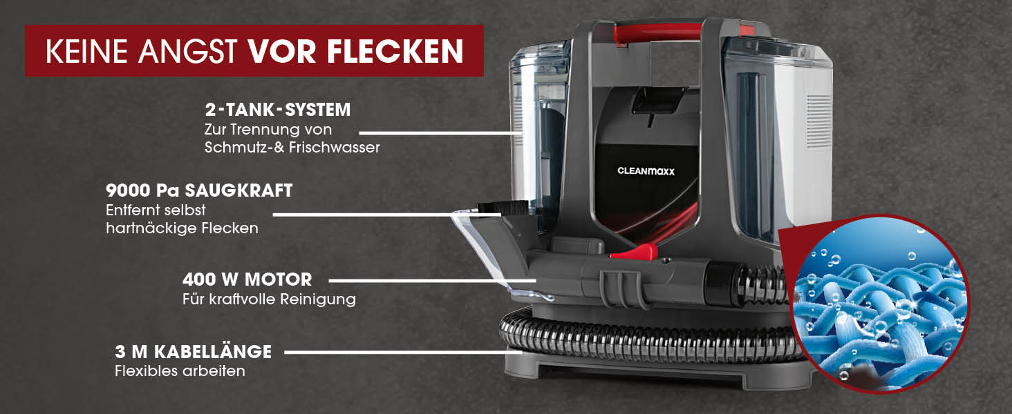 CLEANmaxx Пилосос для м'яких меблів та килимів: видалення плям, компактний, потужний | 400W, 9kPa, чорний