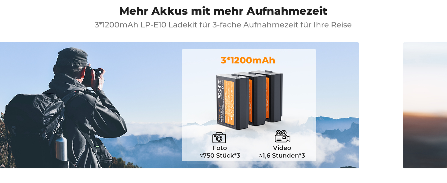 Набір акумуляторів K&F CONCEPT LP-E10 (3 шт.) з LCD-зарядним пристроєм для Canon EOS Rebel T7, T6, T5, T100, Kiss X50, X70, X80, X90, 1100D, 1200D, 1300D, 1500D, 2000D