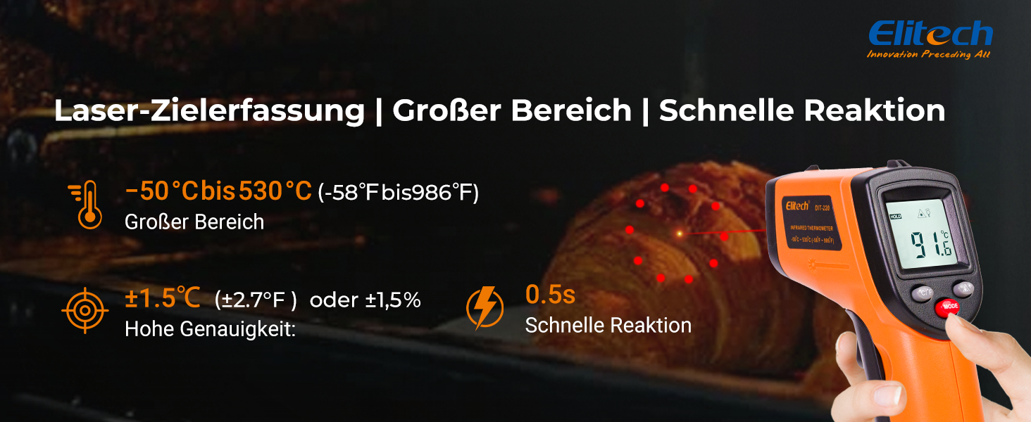 Інфрачервоний термометр Elitech -50~530℃: швидке вимірювання, лазерна ціль, для промисловості, будівництва та дому