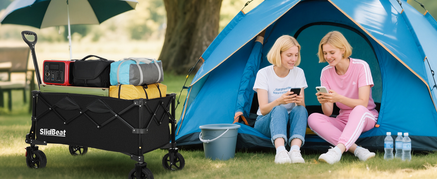 Візок складний SLIDBEAT Bollerwagen 150л, 150кг, чорний XL: для кемпінгу, покупок, саду, пляжу. Гальма, регульована ручка, тримач для напоїв.