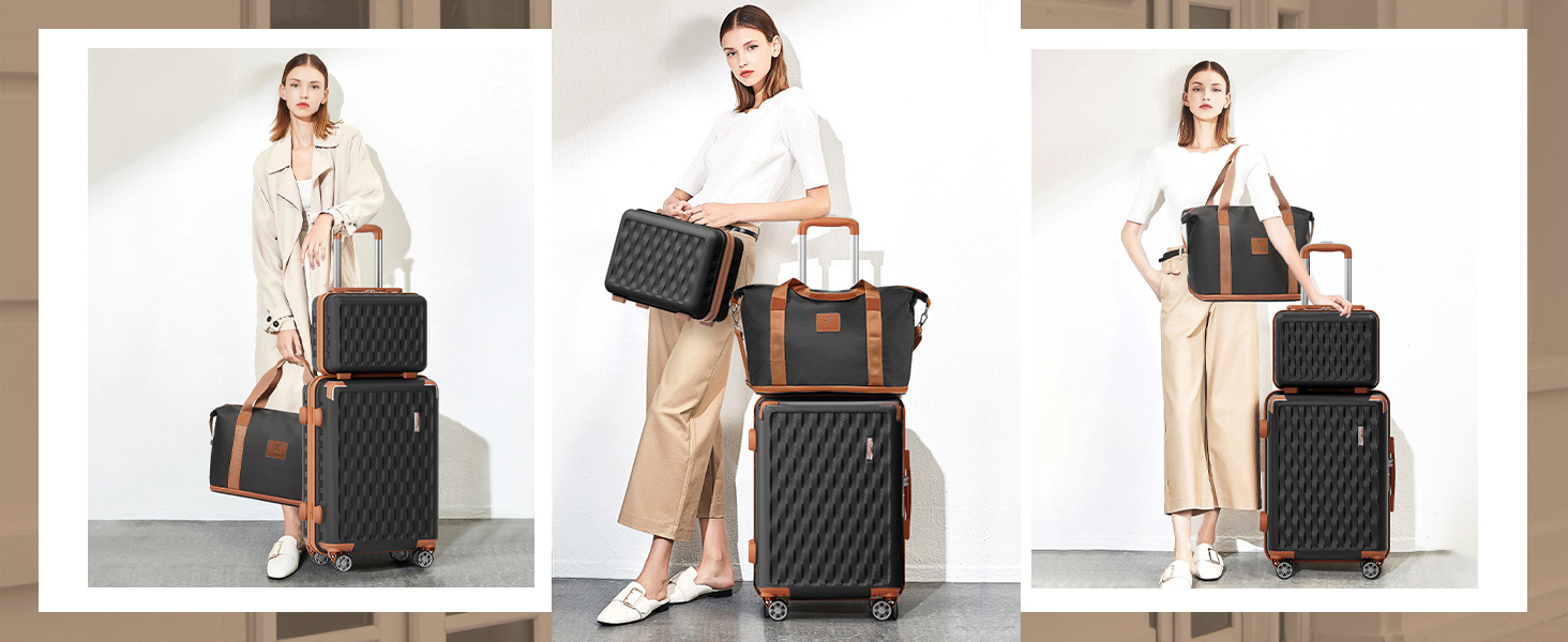 Набір валіз Melalenia 7шт з жорстким корпусом, легкий, на 4 колесах, з TSA-замком. Включає косметичку, сумку для подорожей та кулькову сумку. Чорний колір.