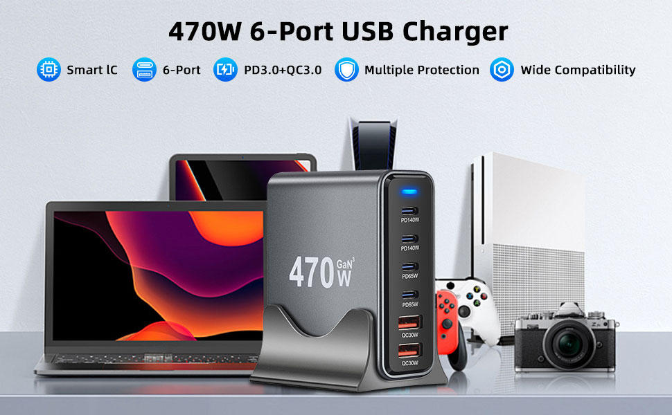 Зарядний пристрій Arceli USB-C 10 портів GaN III 470W PD QC4.0 для iPhone 16/15/14 Pro Max, Samsung Galaxy, MacBook, планшетів, ноутбуків