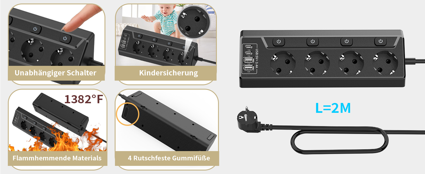 Мережевий адаптер з захистом від перенапруги Eck з USB-C, 6 розеток, 2м кабель (4000W, 16A), розподільний блок для кухні, офісу (4 розетки, чорний)