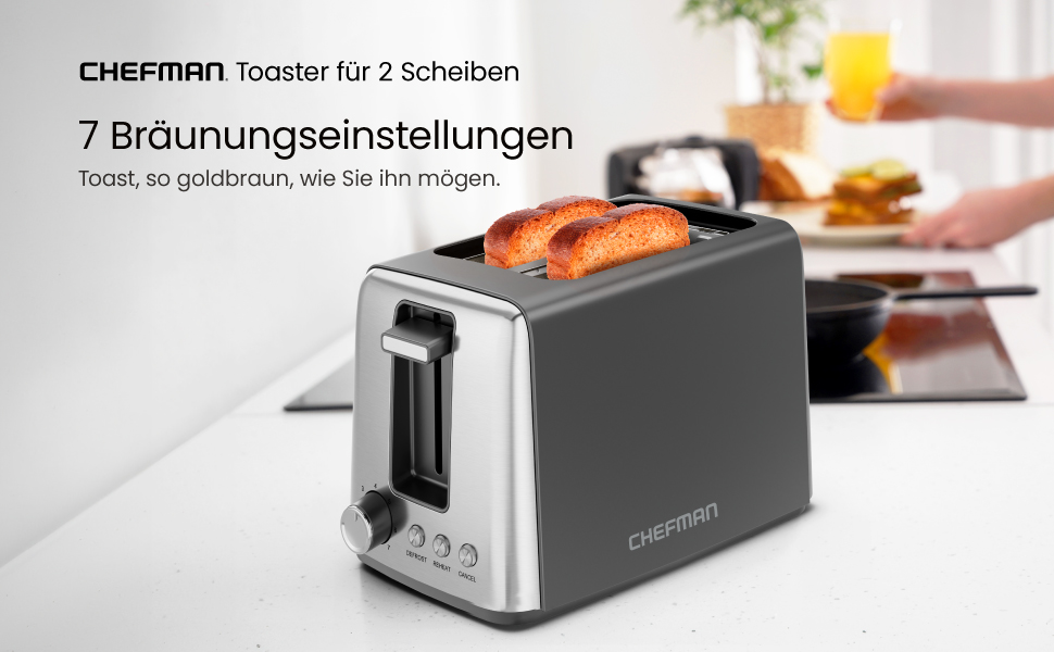 Тостер Chefman з 2-ма слотами, 7 ступенів підсмажування, знімний піддон для крихт, для товстого хліба та багелів, розморожування, зупинка, функція грилю – чорний