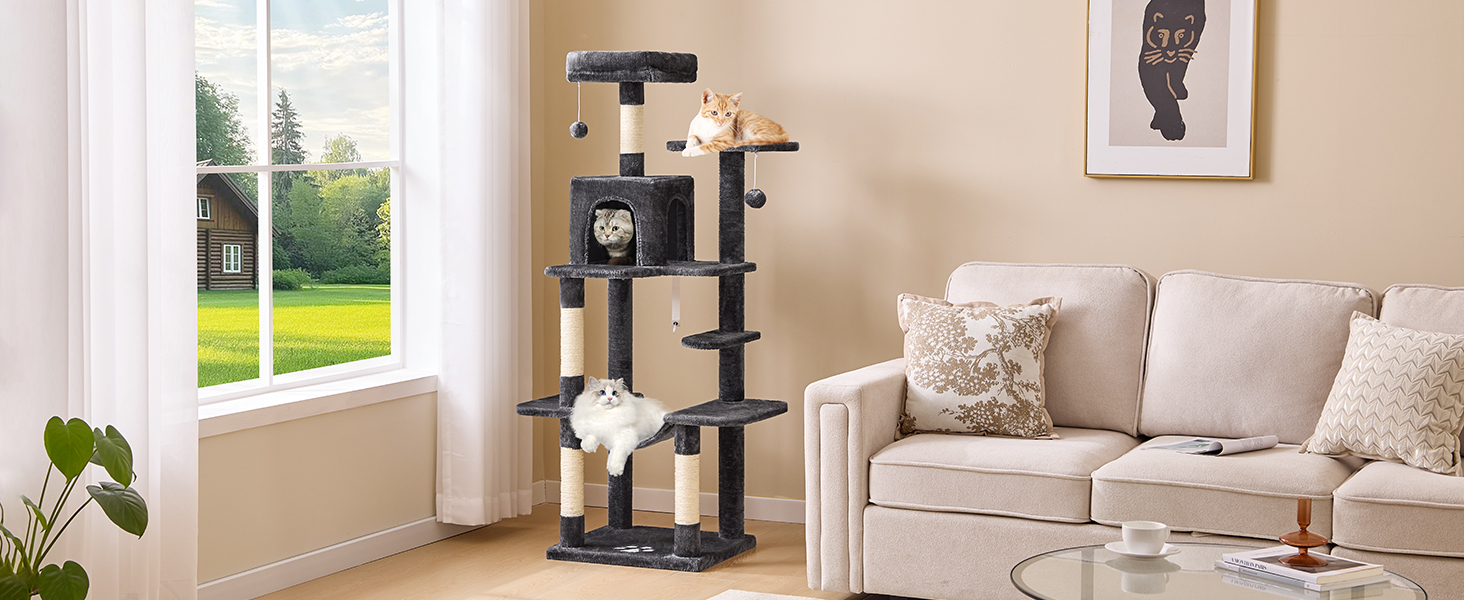 Кігтеточка для котів MSmask велика, багатоповерхова з платформами, печерами та гамаком, обтягнута сизалем (темно-сіра)