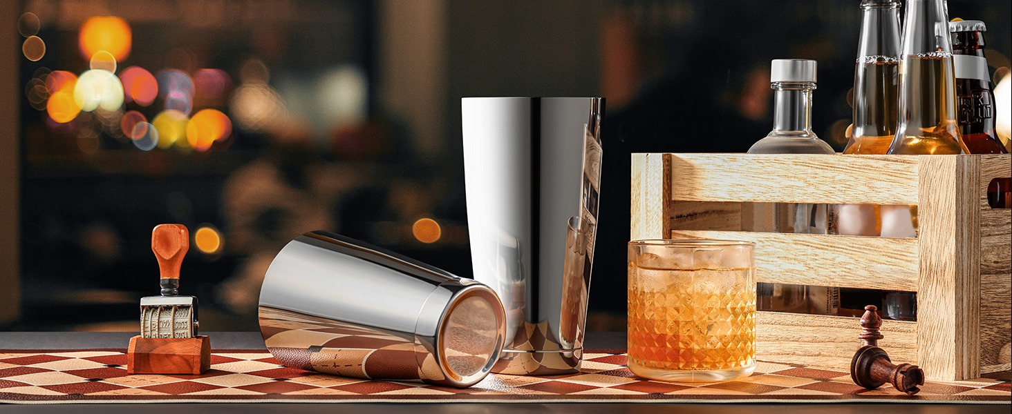 Набір для коктейлів WOTOR Boston: шейкер 18oz та 28oz, сито, подвійний джигер, професійний барний інвентар (срібло)