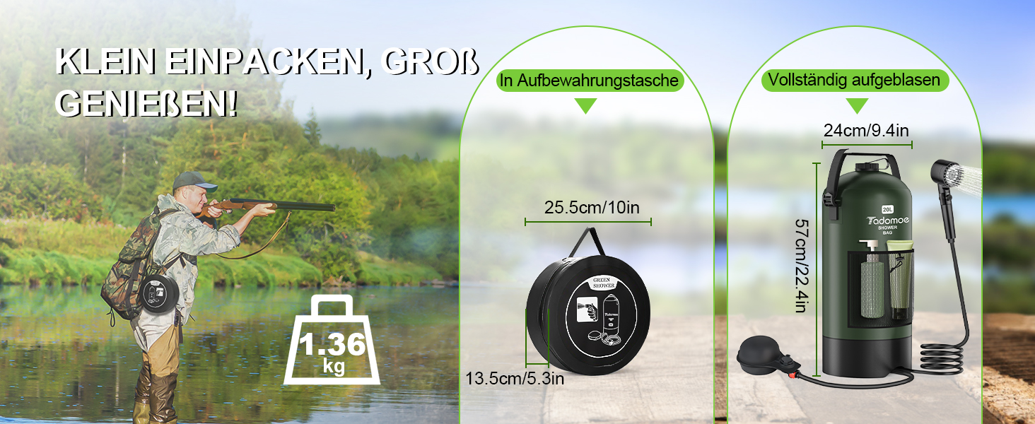 Сонячний душ для кемпінгу на 20 літрів з насосом та сумкою, зелений