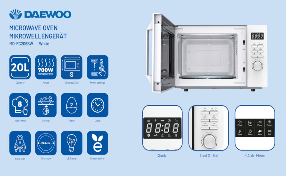 Мікрохвильова піч Daewoo MD-FC206SB 20L, 700W, чорний колір (Solo, White)