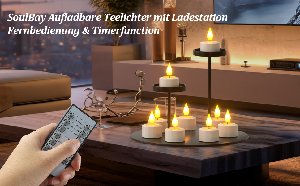 Набір із 12 перезаряджуваних LED чайних свічок SoulBay з таймером, пультом та зарядною станцією для декору, вечірок, Хелловіну, Різдва