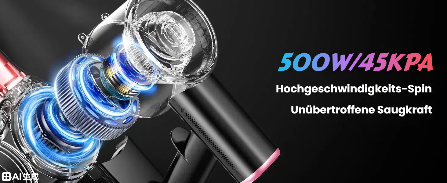 Бездротовий акумуляторний пилосос SUXIANGVAC 45000Pa/500W з LED дисплеєм та антинамотувальною насадкою, 73см подовжуваний шланг для твердих поверхонь, килимів та шерсті тварин, Рожевий