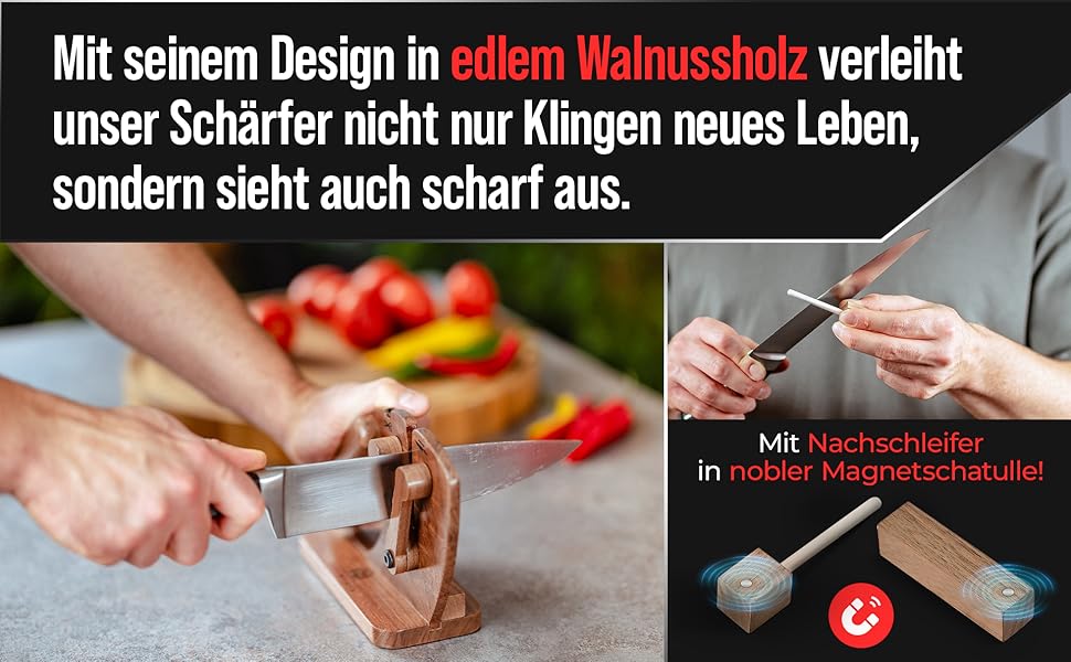 Точилка для ножів Messerschärfer з горіховим корпусом | Для гладких та хвилястих ножів | З керамічним точилом | Точилка для ножів, ножиць та секаторів