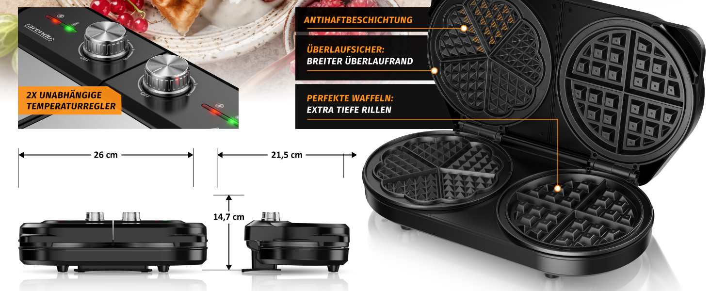 Вафельниця Arendo з подвійним покриттям - бельгійські вафлі та серця - 2 дизайни, регулювання температури, антипригарне покриття, 1400 Вт, нержавіюча сталь, срібно-чорний колір, BPA Free