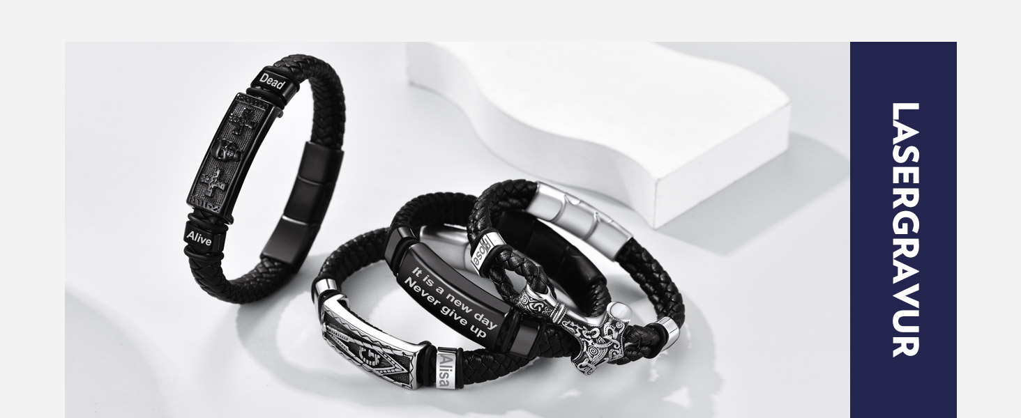 Чоловічий шкіряний браслет Bandmax Mjölnir/Череп/Масонство з магнітною застібкою. Браслет вікінгів для чоловіків, батька, чоловіка. Шкіряний браслет з гравіюванням.