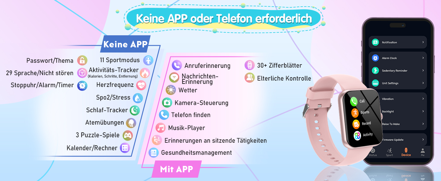 Дитячий розумний годинник Kinder Sport Fitness для дівчаток та хлопчиків з крокомером, 100+ спортивних режимів, будильником, іграми, секундоміром, повідомленнями, активним трекером для підлітків 5-16 років, чорний