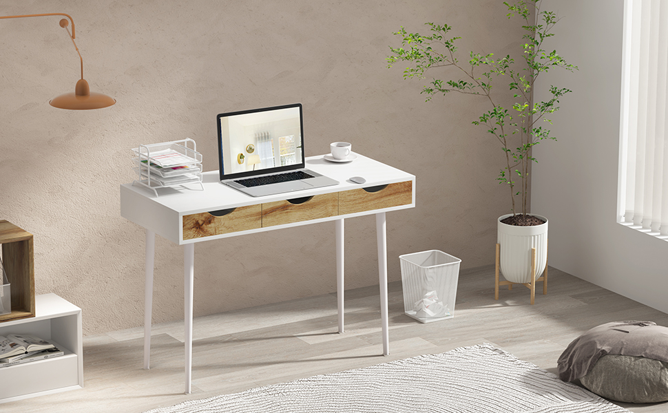 Soges Metal and E1 Wood Desk with 3 Drawers - 110x50x78cm White Office Writing Table for Storage