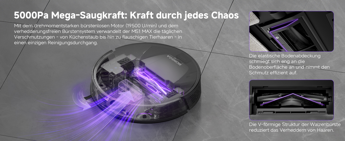 Робот-пилосос MONSGA з функцією миття, 3.5л, потужність 5000Pa, час роботи 180хв, LiDAR навігація, керування через додаток, чорний