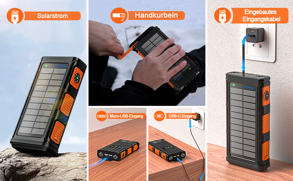 Портативний зарядний пристрій Powerbank 26800 mAh з сонячною панеллю та ручкою, 4 кабелі, USB-C, швидка зарядка, 7 виходів, 4 входи, для мобільного телефону, водонепроникний, зовнішній акумулятор для кемпінгу, оранжевий