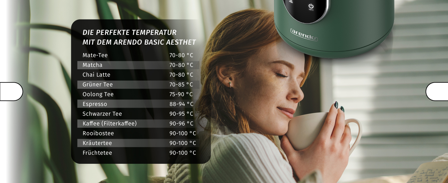 Електричний чайник Arendo зі сталі, з регулюванням температури 40-100°C, 1.7л, 2200 Вт, з дисплеєм та функцією підігріву, Cool Touch