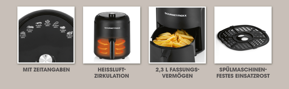 Фритюрниця повітряна GOURMETmaxx 2.3L з таймером 60 хв та 9 функціями | Енергозберігаюча, без запаху, 1000 Вт