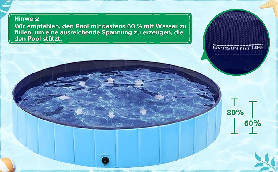 Складаний басейн для собак Yaheetech 160x30 см, протиковзкий, злив, PVC, синій, з щіткою і латками