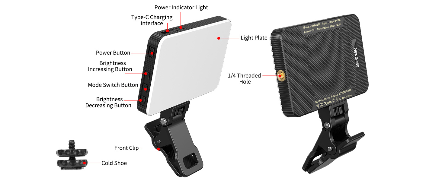 LED-відеолампа Newmowa NMW-80AI для селфі, TikTok, відеоконференцій та макіяжу, з датчиком світла