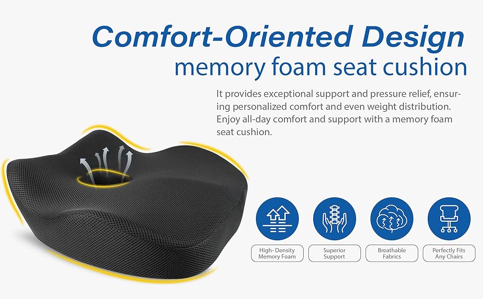 Подушка для сидіння в авто з Memory Foam для полегшення болю в попереку, велика, для водіїв невеликого зросту, комфортне водіння - для авто, офісу (чорна)