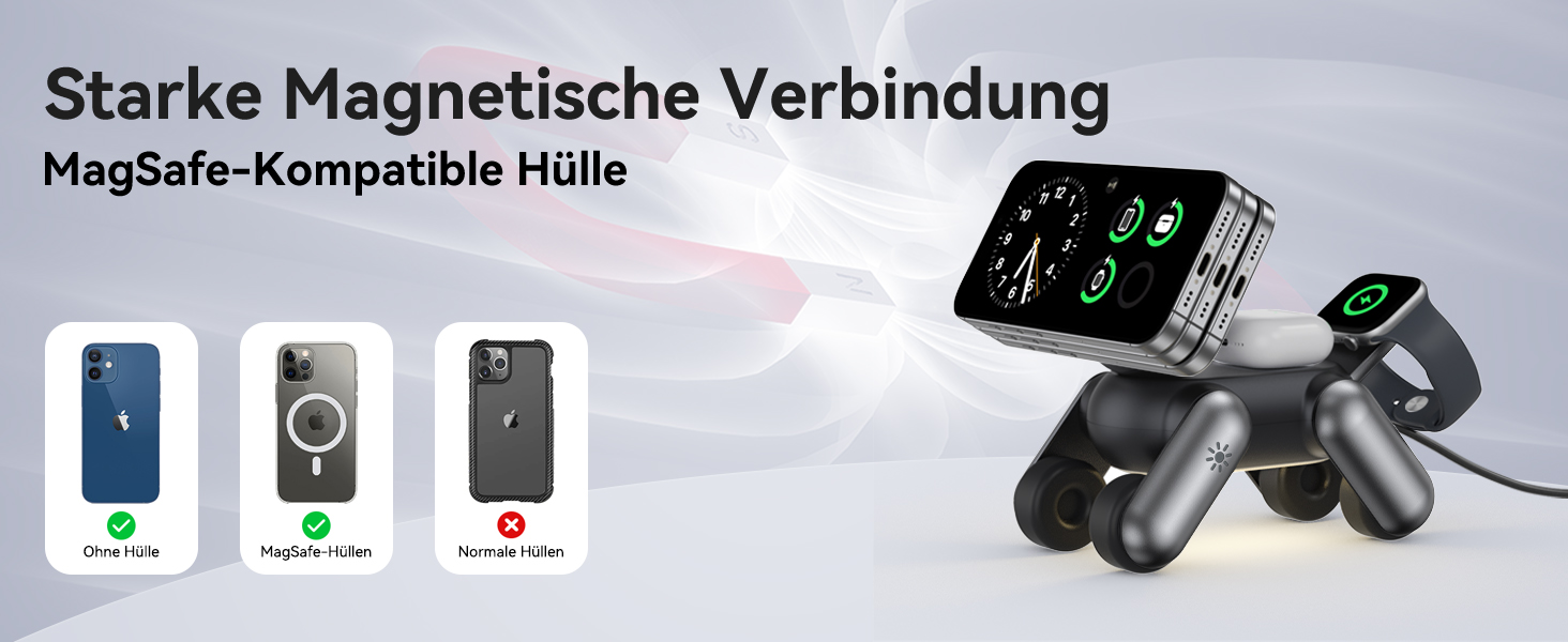 Зарядна станція 3-в-1 для Apple Watch, iPhone 17e/Air/17/16/15/14/13/12, AirPods Pro/2/3 з нічником, чорна. MagSafe сумісність.