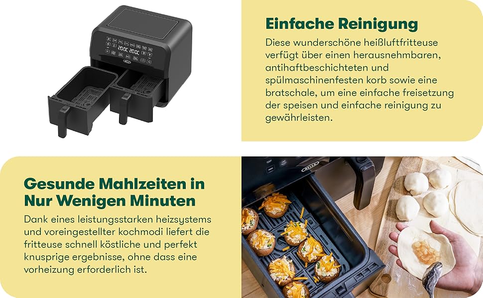 Фритюрниця аерофритюрниця Bella 8L з двома кошиками, сенсорним екраном, 8 функціями, регулюванням температури, таймером, антипригарним покриттям, 1700W, чорна