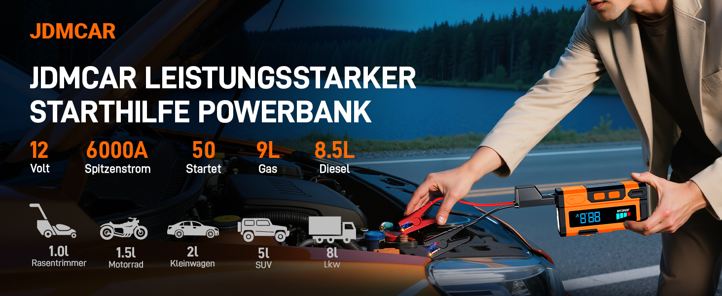 Powerbank для запуску автомобіля JDMCAR JM02: 6000A, 12V, LCD, LED, для бензинових та дизельних авто (до 9L/8.5L)