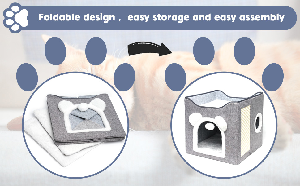 Складане будиночок для котів, великий, з когтеточкою та плюшевою кулькою (сірий)