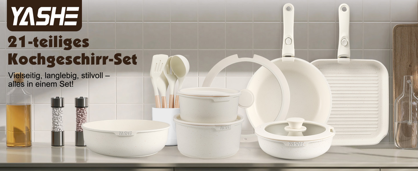 Набір посуду YASHE 21 предмет: каструлі та сковорідки з антипригарним покриттям, знімні ручки, скляні кришки, індукційне дно, термостійкий, білий