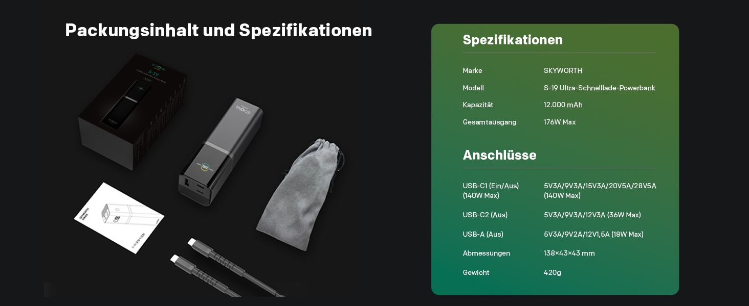 Powerbank STRONG S-19, 12000mAh, 176W, USB-C PD 3.1 + UFCS, TFT-дисплей, для iPhone, Galaxy, MacBook, iPad, для подорожей