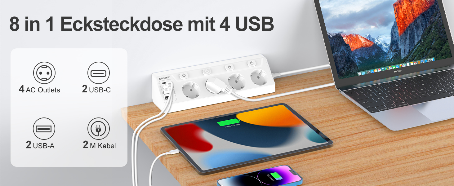 Мережева розетка з 2 USB-C (PD 20W) та 1 USB-A, трьохсекційна з вимикачем, захист від перенапруги, зручна для зберігання, розподільник для подорожей, кабель 1,5 м (кутова розетка)