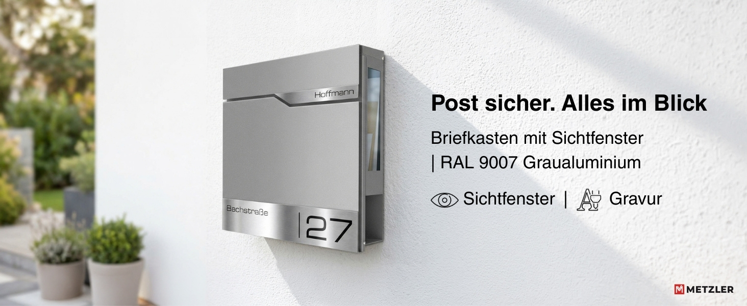 Поштовий ящик Metzler з газетницею та табличкою з нержавіючої сталі V2A, сучасний, стійкий до іржі, сірий алюміній Ral 9007, 10 років гарантії на запчастини, з вікном огляду Siebert