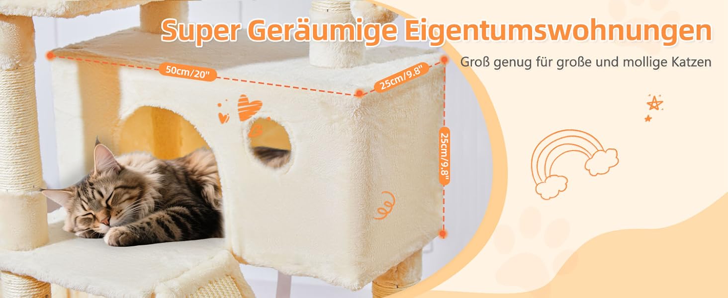 Дерев'яний кігтеточки для котів Taoqimiao MS026W, великий, бежевий (146 см) з 2 будиночками, гамаком та 8 стовпчиками для заточування кігтів