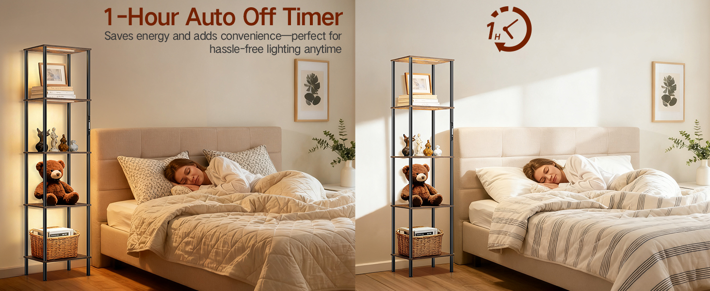 Стійка лампа з полицею, LED, регулювання яскравості, 3 колірні температури, сенсорне та дистанційне керування, полиця для книг, дерев'яна стійка, сучасний дизайн для вітальні, спальні, офісу (Rustic Brown)