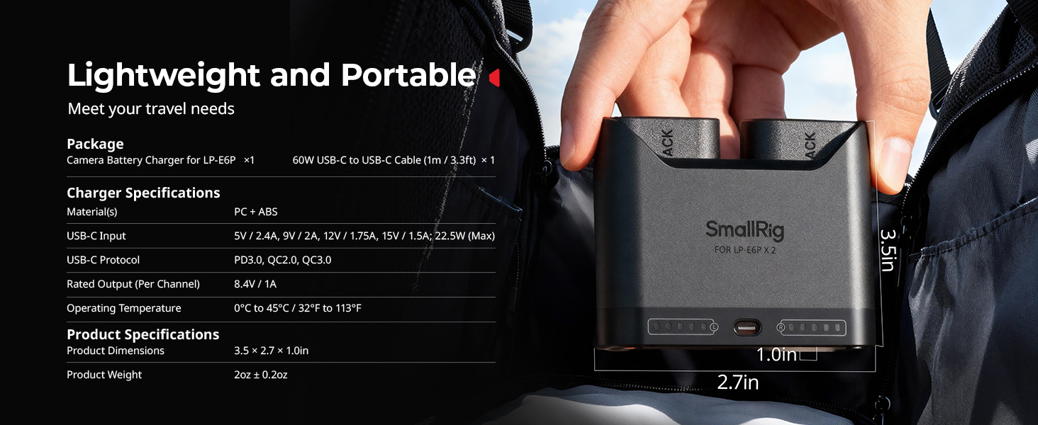 Зарядний пристрій SMALLRIG для акумуляторів Canon LP-E6P/LP-E6NH, подвійний, 22.5W USB-C, сумісний з Canon EOS R5 Mark II, R6 Mark II, R5, R6, R7, 5D Mark II та 5D Mark IV