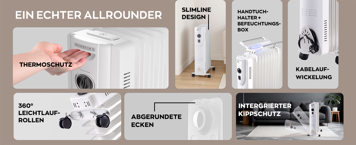 Електричний масляний радіатор Heinrich з 13 ребрами, 2500W, з вентилятором, терморегулятором, захистом від перегріву та нахилу, чорний (білий 11 ребер)