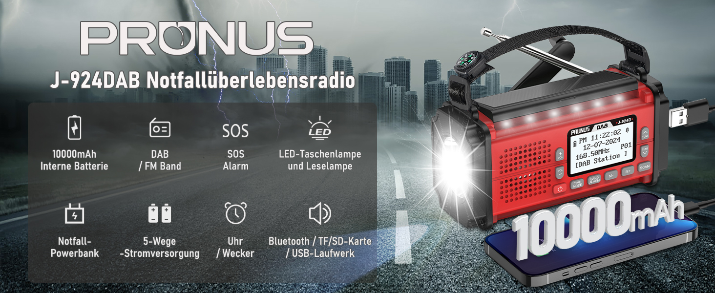 Радіоприймач PRUNUS J-924D: Цифрове DAB+/UKW радіо, радіоприймач для надзвичайних ситуацій з акумулятором 10000mAh, Bluetooth, ліхтарик, SOS-сигнал, зарядка для телефону. (Зелений/Червоний)