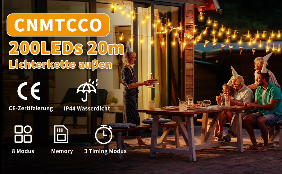 LED гірлянда 20 метрів, 200 LED, тепле біле світло, 8 режимів, таймер, пульт, IP44, для декору саду, вечірки, весілля, Різдва